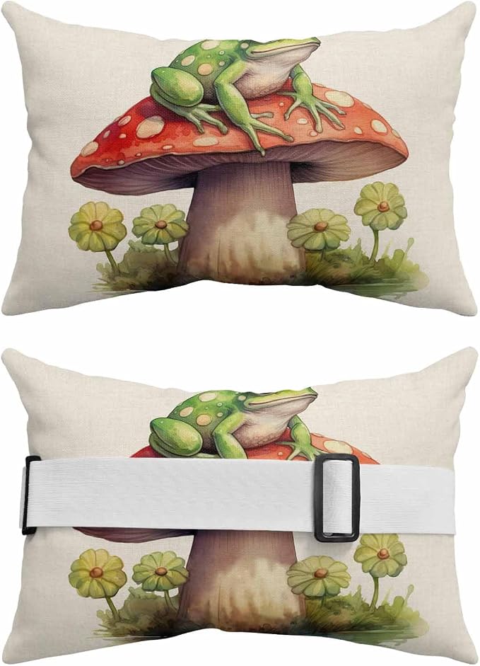 Chaise Lounge Head Resting Pillows,Frog Mushroom Watercolor Plant Leaves Linen Outdoor Chaise Pillows,Waterproof Patio Furniture Pillows with Insert and Adjustable Elastic Strap for Beach Chair