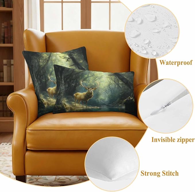 Green Forest Deer Waterproof Outdoor Pillow Covers Set of 2 Home Decor, Fantasy Vintage Nature Scenery Pillowcase Patio Pillow Covers for Couch Bench Furniture Garden 20x12in