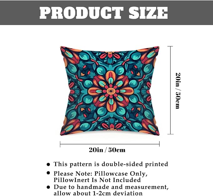 20x20 Inch Outdoor Pillow Covers Set of 2 Waterproof Throw Pillow Covers Decorative Couch Cushion Covers Boho Mandala Floral Square Pillowcases Protectors for Patio Garden Sofa