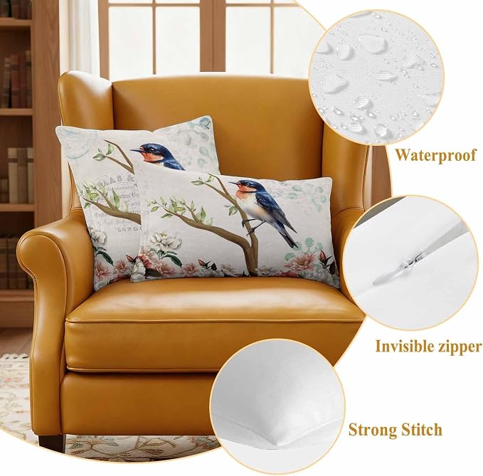 Spring Bird Branch Waterproof Outdoor Pillow Covers Set of 2 Home Decor, Farmhouse Vintage Botanical Floral Pillowcase Patio Pillow Covers for Couch Bench Furniture Garden 26x26in