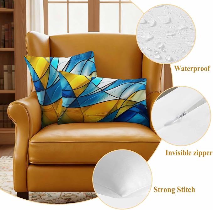 Abstract Art Outdoor Waterproof Pillow Covers Set of 2, Blue Yellow Gradient Wavy Lines Geometric Modern Pillowcase Decorative Throw Cushion Cases for Patio Garden Couch 26 x 26 Inches