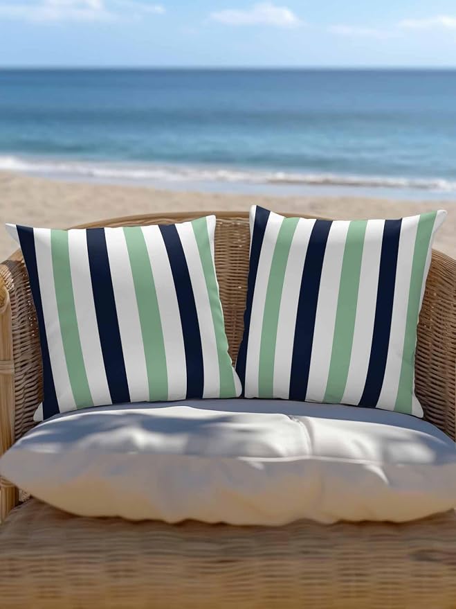 Outdoor Pillows Waterproof, Light Green Navy Blue Striped Bedding Throw Pillows with Insert for Couch Sofa Bed, Farmhouse Stripe Art 18x18 Inch Pillowcases Camping Patio Pillow Set of 2
