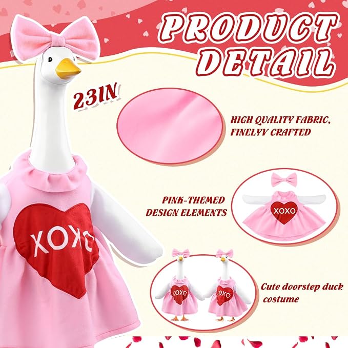 Valentine's Day Goose Outfit for 23" Porch Goose Holiday Pink Red Heart Cloths Costume Valentines Party Outdoor Garden Patio Yard Lawn Art Decoration