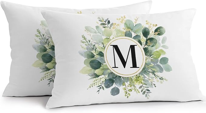 Letter M Waterproof Outdoor Pillow Covers Set of 2 Home Decor, Alphabet Green Eucalyptus Leaves Lumbar Pillowcase Patio Pillow Covers for Couch Bench Patio Furniture Garden 20x12in
