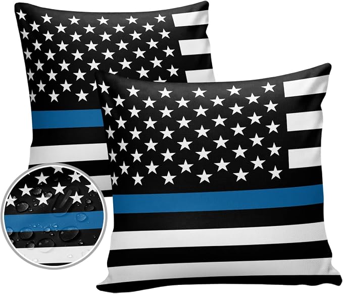 Outdoor Waterproof Pillow Covers Set of 2, Thin Blue Line Flag American Police Flag Honoring Law Enforcement Officers Patio Throw Pillow Covers, Decorative Cushion Case for Sofa Furniture, 18x18 Inch