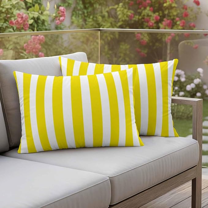 Yellow Striped Outdoor Waterproof Throw Pillow Covers 20x12 Set of 2, Modern Farmhouse Yellow White Stripes Decorative Pillowcases Cushion Pillowcase for Couch Sofa Patio Outside Pillow Protector