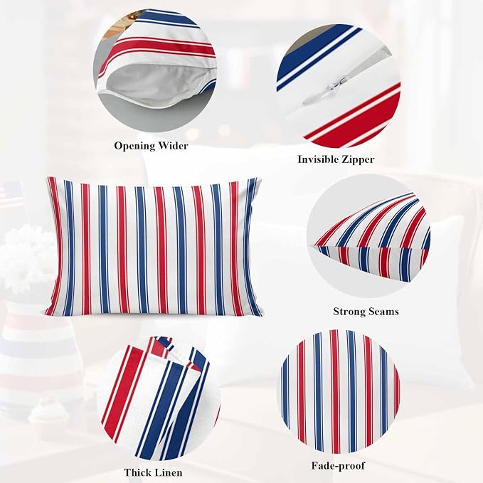 Outdoor Pillow Covers Set of 2, USA Independence Red Blue White Stripe Decor Throw Pillow Covers 20X12IN, President's Flag Day Throw Pillows Protector Cushion Case for Patio,Couch,Sofa,Garden