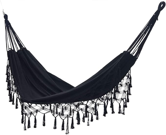 YFUG GO Double Sized Boho Macrame Black Hammock with Elegant Tassels and Fishtail Knitting 485Lbs Includes Tie Ropes and Black Drawstring Bag for Women