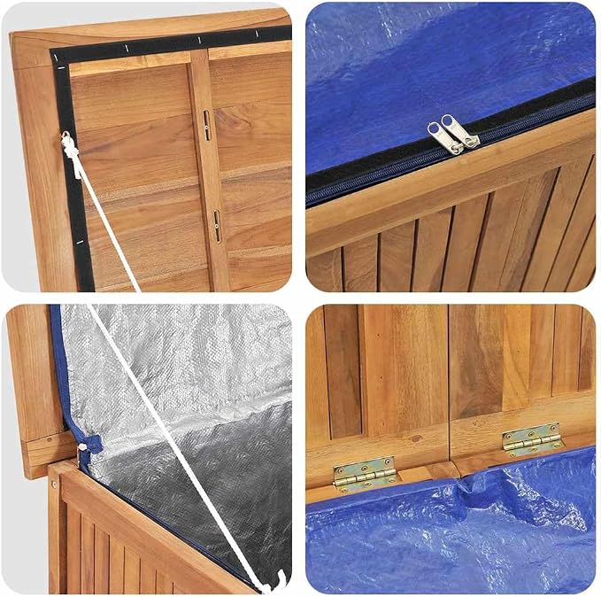 Solid Teak Wood Garden Storage Box, 45 Inch Rectangular Outdoor Deck Box with Oiled Finish for Patio Cushions and Tools, Rustic Brown Wood Chest for Backyard