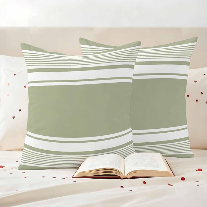Outdoor Waterproof Throw Pillow Covers, Sage Green Striped Decorative Pillow Cases, Modern Color Block Farmhouse Stripes Couch Pillow Protector Patio Sofa Cushion Covers Replacement 20"x20" 2 Pack