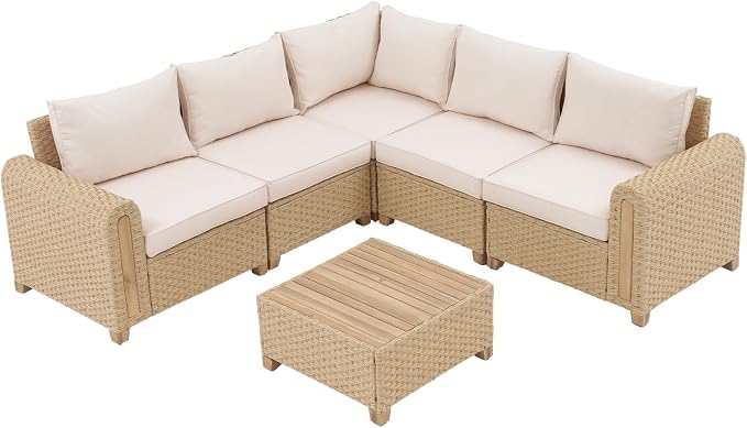SUNSITT 6-Piece Patio Furniture Set, Outdoor Wicker & Acacia Wood Sectional Sofa Set, Patio Modular Design Conversation Sets with Coffee Table & Thick Comfy Cushion for Porch, Garden, Natural Color