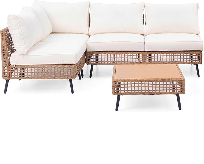 LAUSAINT HOME 5 Pieces Outdoor Sectional Sofa Set, All-Weather PE Wicker Rattan Patio Conversation Set with Thick Cushions & Coffee Table, Patio Furniture Set for Garden, Backyard, Porch (Beige)