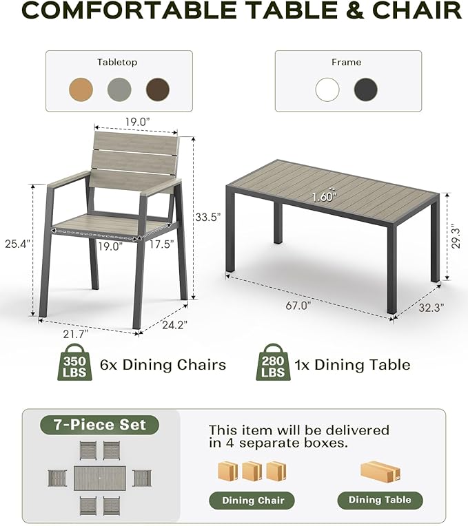 Vexwalx 67" HDPS Outdoor Patio Dining Table, Aluminum-Edged Outdoor Dining Table with Umbrella Hole, Weather-Resistant for Lawn, Garden, Poolside and Indoor Use, Gray