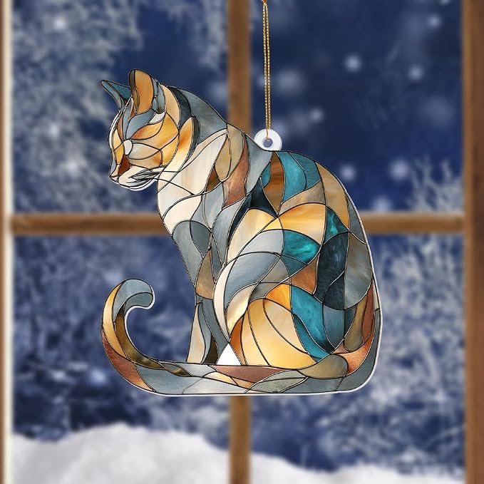 Stained Glass Cat Ornament – 2025 Christmas Tree Decoration, Handmade Animal Suncatcher for Window, for Cat Lovers & Unique Home Décor (Sun-03)