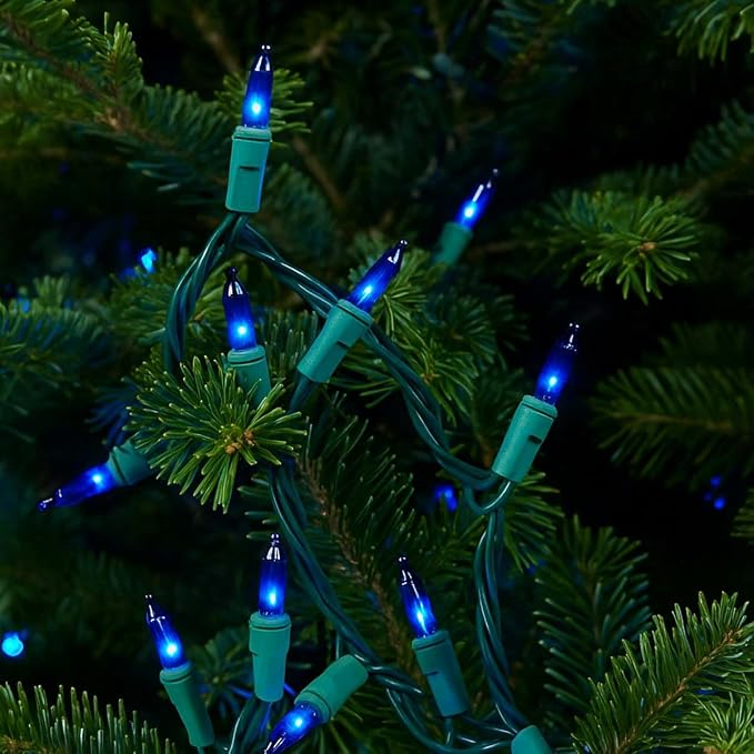 Novelty Lights 50 Feet 100 Bulbs Blue Incandescent Mini Lights, Green Wire