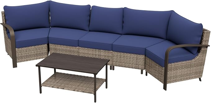 COOS BAY Aurora Terrace 4 Piece Outdoor Sectional Furniture Set, Half Moon Rattan Wicker Conversation Set with 5 Seat Sofa & Coffee Table for Patio Garden Yard, Beige/Blue
