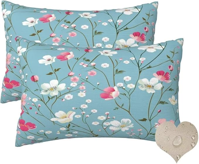 Outdoor Pillows Waterproof Set of 2 Outdoor Pillow Covers 16x24 Inch, Blue Throw Pillows Flower Pillow Covers, Summer Garden Decorative Pillows Outdoor Pillows for Patio Furniture Car Home Decor -hs42