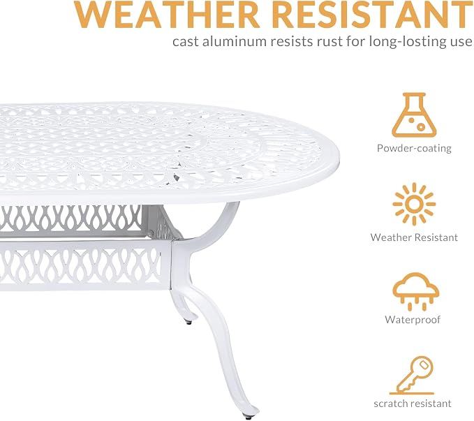 9-Piece Patio Dining Set, Outdoor Patio Table and Chair Set of 84” Oval Cast Aluminum Dining Table with Umbrella Hole, 8 Patio Dining Swivel Chairs Padded, Patio Funiture Set, White