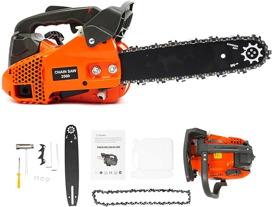 25.4CC 2-Cycle Top Handle Chainsaw Gas Chainsaws, 11.8 Inch Gas Powered Petrol Handheld Cordless Gasoline Chain Saw w/Safety Lock & Automatic Return Switch for Wood Pruning, Tree Stump Trimming