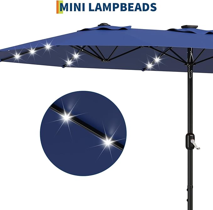 15FT Outdoor Patio Umbrella,Double-Sided Rectangle Market Umbrella with 36 LED Solar Lights & Base,UV50+ Weather-Resistant Oversized Outdoor Umbrella,Crank Lift,3-Way Shade for Pool,Garden,Backyard