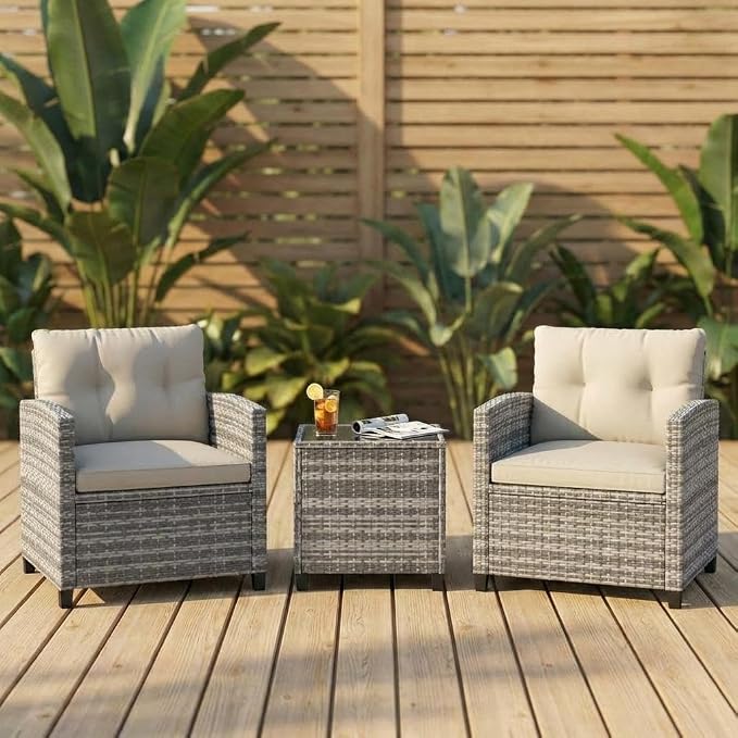 Garvee 3 Piece PE Rattan Patio Furniture Set, Outdoor Chairs and Table Set with Tempered Glass Tabletop and Cushions, Patio Conversation Set for Patio, Balcony, Poolside, Grey and Beige