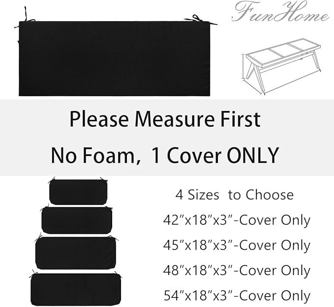 FUNHOME Outdoor Bench Cushion Cover 54 x18 x 3 inch,Water Resistant Cover with Zipper&Ties,Fade-Resistant Slipcover,Patio Porch Swing Cushion Cover Replacement Only,No Insert(Black)