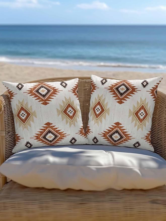 Waterproof Outdoor Pillow 1 Pack Orange Boho Aztec Decorative Throw Pillows Cover & Insert 16x16 Inch Pillowcase Southwest Tribal Style Square Pillows for Couch Sofa Bed Patio Furniture Indoor Outdoor