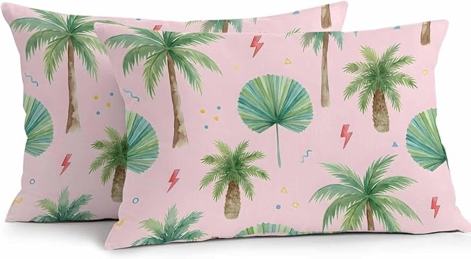 Yukro Tropical Palm Tree Outdoor Waterproof Pillow Covers Pack of 2, Lightning Summer Pink Boho Throw Pillowcases Decorative Cushion Covers for Garden Patio Tent Sofa Couch, 20x12 inch