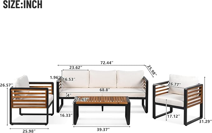 Merax 4-Piece Large Size Outdoor Conversation Sofa Set, Metal and Acacia Wood Frame Sofa with Removable Cushions, Waterproof & UV-Resistant, 5-Person Patio Furniture for Garden Backyard, Beige