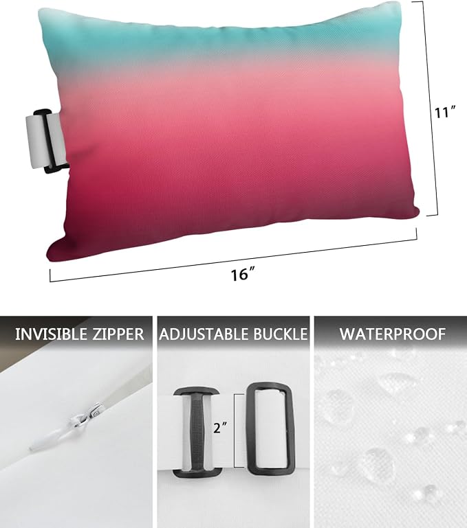 Outdoor Pillows Covers with Inserts Teal Turquoise Red Ombre Stripe Line Gradient Waterproof Recliner Pillow with Adjustable Strap Throw Pillows for Patio Furniture Pool Lounge Chair, 11x16 Inch, 1PCS