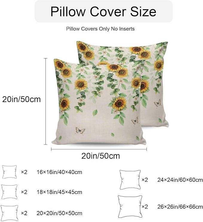 Sunflowers Butterfly Waterproof Outdoor Pillow Covers Set of 2 Home Decor, Spring Floral Pastoral Rustic Pillowcase Patio Pillow Covers for Couch Bench Furniture Garden 20x20in