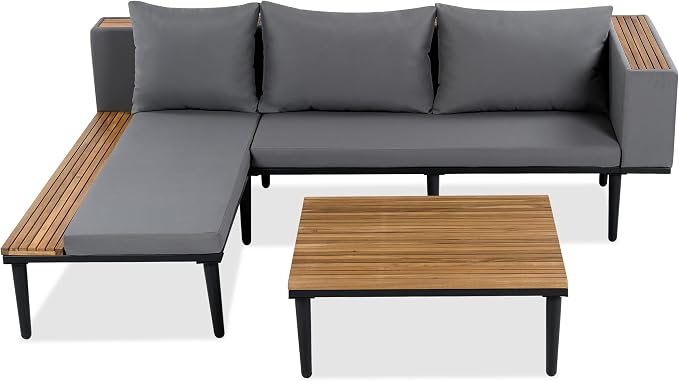 L-Shaped Outdoor Sofa Set with Removable Cushions, Acacia Wood Sectional Sofa Set with Coffee Table & Side Table, Conversation Furniture Set for Porch Backyard Balcony Deck Poolside, Gray