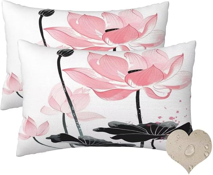Outdoor Pillows Waterproof Set of 2 Outdoor Pillow Covers 16x24 Inch, China Throw Pillows Lotus Pillow Covers, Summer Garden Decorative Pillows Outdoor Pillows for Patio Furniture Car Home Decor-hs405