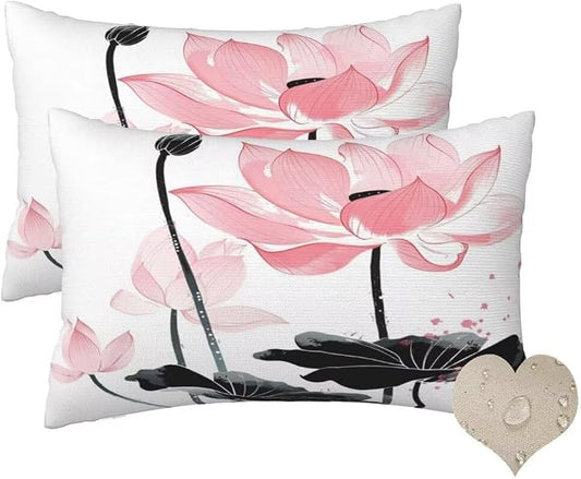 Outdoor Pillows Waterproof Set of 2 Outdoor Pillow Covers 16x24 Inch, China Throw Pillows Lotus Pillow Covers, Summer Garden Decorative Pillows Outdoor Pillows for Patio Furniture Car Home Decor-hs405