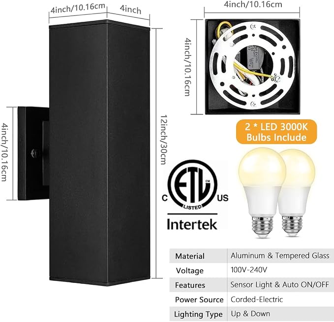 SHIMR Dusk to Dawn Outdoor Wall Lights, Modern Outdoor Sconce, ETL Listed | Black, Waterproof Aluminum Exterior Light Fixture, E26 Base, LED Bulbs Included, Up and Down Lights for Porch Garage Patio