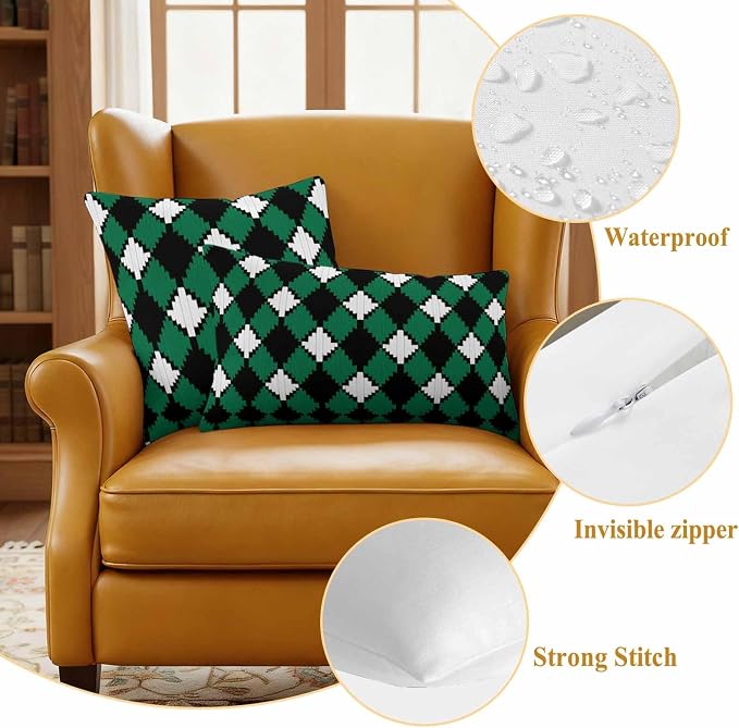 Vintage Rhombus Outdoor Waterproof Throw Pillow Covers Set of 2, 18"x18", Green Black White Decorative Pillow Covers Outside Cushion Case for Patio Porch Garden