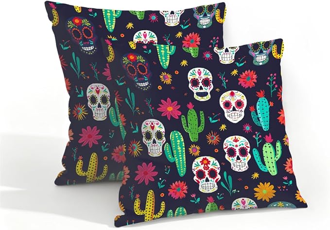 16x16 Inch Outdoor Pillow Covers Set of 2 Waterproof Throw Pillow Covers Decorative Couch Cushion Covers Mexican Skulls Cacti Flowers Square Pillowcases Protectors for Patio Garden Sofa
