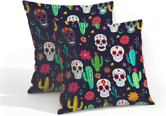 16x16 Inch Outdoor Pillow Covers Set of 2 Waterproof Throw Pillow Covers Decorative Couch Cushion Covers Mexican Skulls Cacti Flowers Square Pillowcases Protectors for Patio Garden Sofa
