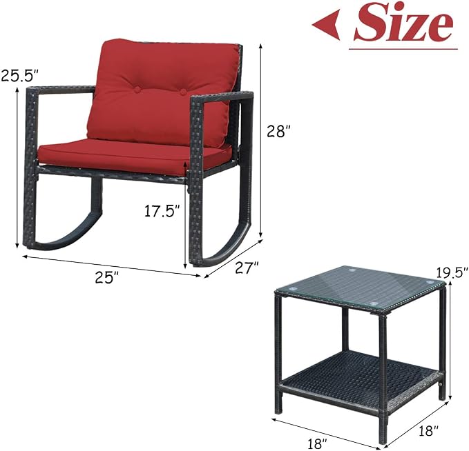 Tangkula 3 Pieces Patio Wicker Rocking Bistro Set, Outdoor Rocking Chair Furniture Set w/Cushioned Seat, Conversation Set w/Glass Coffee Table and Storage Shelf (Red)