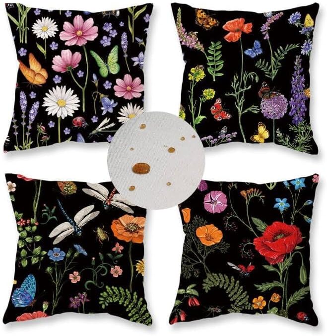 ONWAY Outdoor Waterproof Spring Summer Pillow Covers 18x18 Inch Set of 4 Floral Farmhouse Throw Pillows Decorative Cushion Cases for Outdoor Couch Sofa Patio Furniture Home Decoration Black