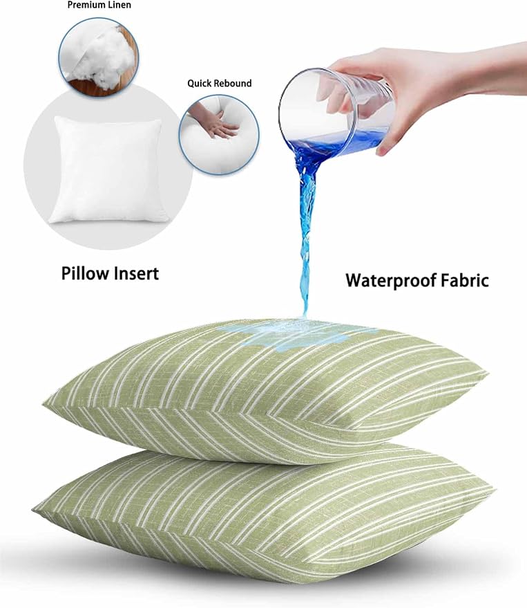 Waterproof Outdoor Pillow Set of 2 Sage Green Linen Striped Decorative Throw Pillows Cover & Insert 20x12 Inch Lumbar Pillowcase Vertical Stripes Lines Pillows for Couch Sofa Bed Patio Furniture