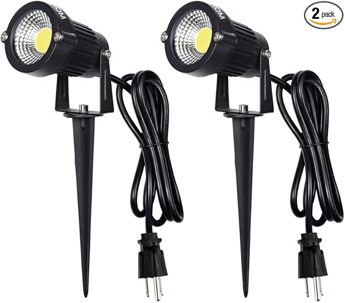 LED Landscape Spotlight Outdoor,IP65 Waterproof Garden Spotlights,5W AC 120V Yard Flood Light,Metal Ground Stake Lawn Lights,6500K LED Spotlight with 1.5M UL-Listed Cord and 3-Plug (2 Packs)