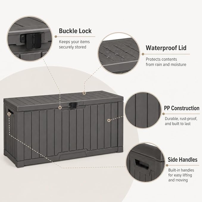 Outdoor Storage Box, Waterproof Deck Box with Buckle Lock, Patio Storage Box for Cushions and Outdoor Toy Storage, 30/60/80/100/120 Gallon PP Bench or Side Table for Patio Garden Backyard(60 Gallon)