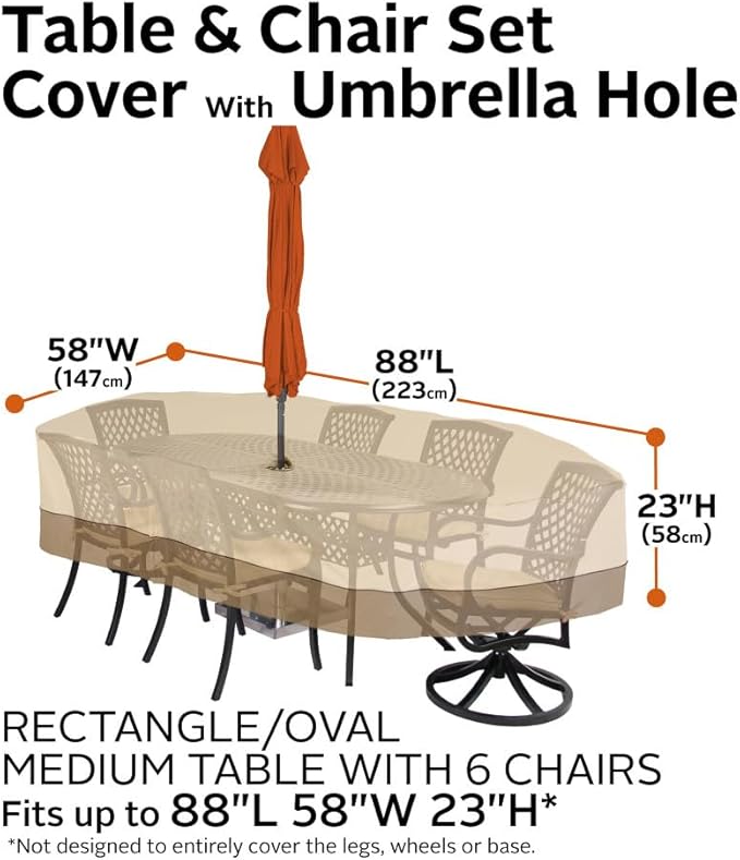 Classic Accessories Veranda Water-Resistant 88 Inch Rectangular/Oval Patio Table & Chair Set Cover with Umbrella Hole, Outdoor Table Cover