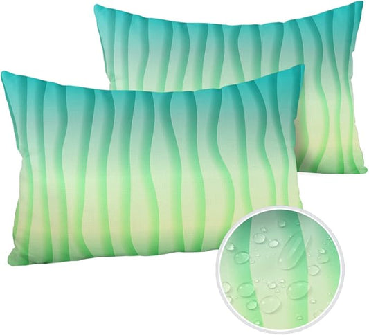 Outdoor Waterproof Pillow Covers Set of 2, Summer Abstract Geometric Gradient Turquoise Ocean Wave Patio Throw Pillow Covers, Decorative Cushion Case for Couch Sofa Furniture Garden, 20x12 Inch