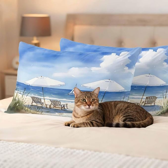 Watercolor Summer Beach Outdoor Waterproof Throw Pillow Covers Set of 2, 20"x12", Sun Umbrella Beach Chair Decorative Pillow Covers Outside Cushion Case for Patio Porch Garden
