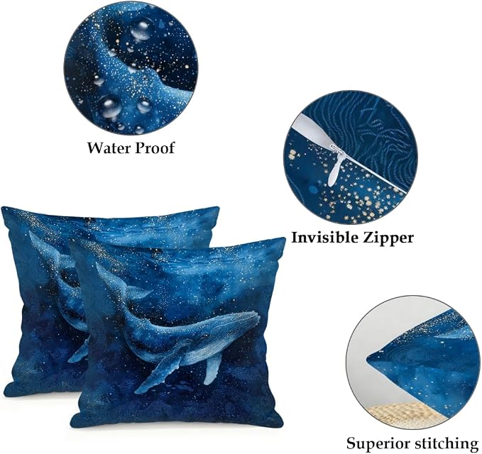 22x22 Inch Outdoor Pillow Covers Set of 2 Waterproof Throw Pillow Covers Decorative Couch Cushion Covers Whale Swimming Deep Sea Square Pillowcases Protectors for Patio Garden Sofa