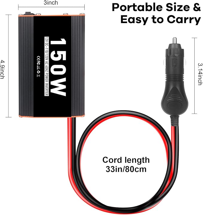 150W Car Power Inverter 12V AC to 110V/120V DC Converter Peak Power 300W Indoor & Outdoor Use with 2 AC Outlets & 2 USB Ports Car Laptop Charger Car Adapter