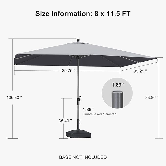 PURPLE LEAF 11.5' x 8' Patio Market Umbrella Outdoor Table Sun Umbrellas with Crank 8 Aluminum Sturdy Ribs for Pool Deck Backyard Beach Light Gray