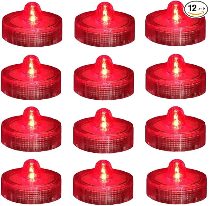 Bright LED Battery Operated Flameless Tea Light, Submersible Tea Candle Waterproof Decorations Underwater Vase Light for Party & Wedding, Pack of 12, Red